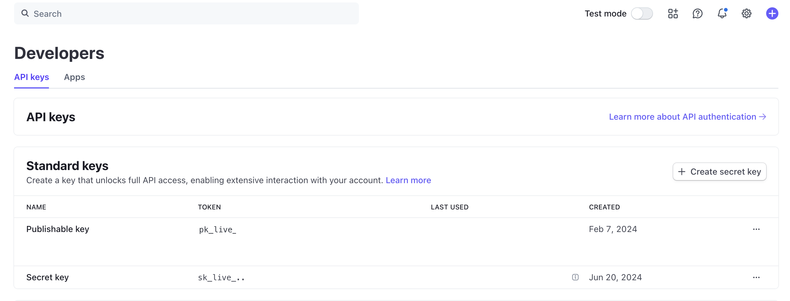 Stripe API Keys Dashboard Screenshot